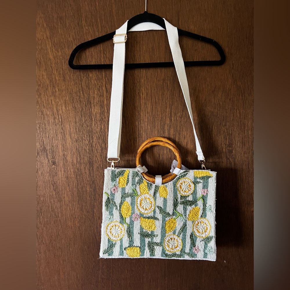 Viral Beaded and Embroidered Lemon Tote Bag with Bamboo Handles